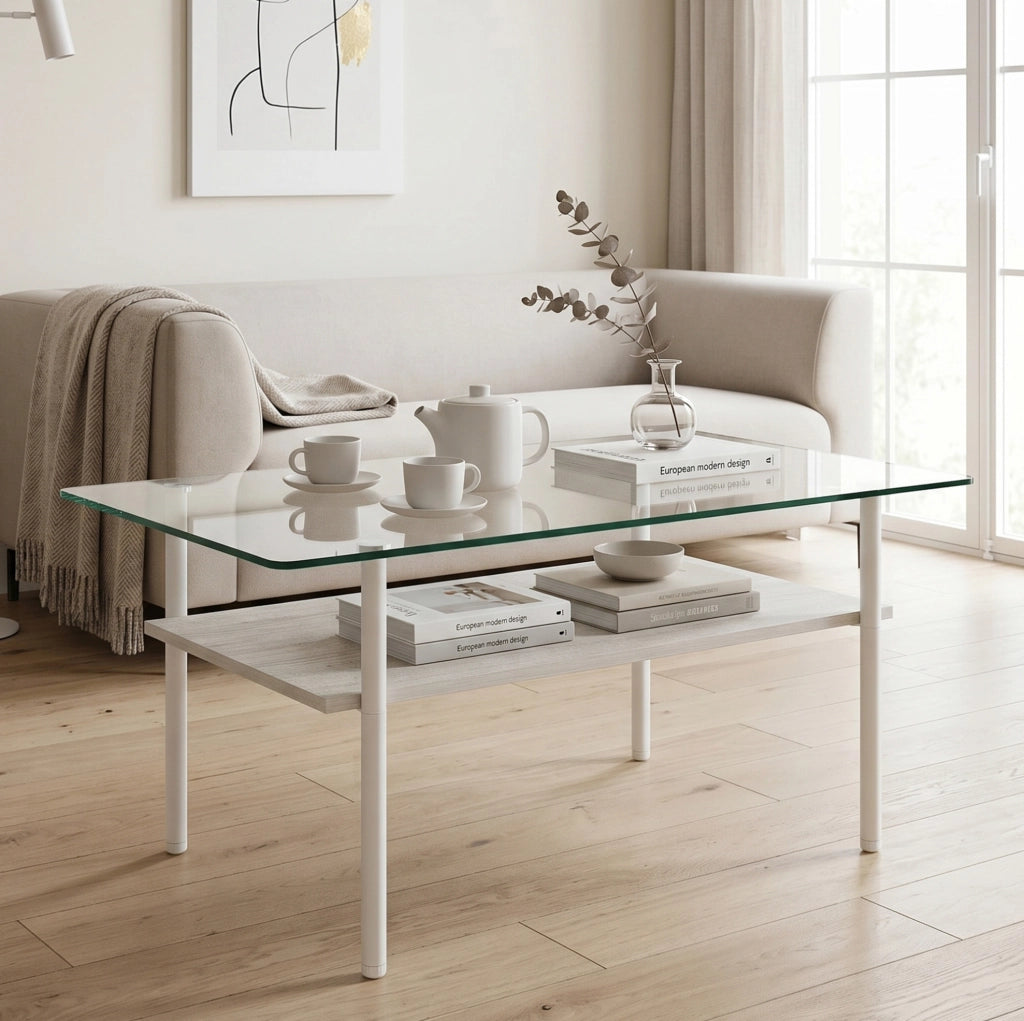 Tavolino da caffè 98x58x45 cm con piano in vetro temperato e ripiano in MDF; metallo bianco