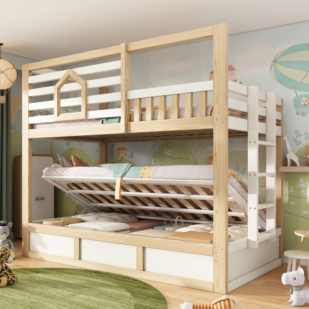 Letto a castello per bambini 90 × 200 cm con scala, sponda di sicurezza e contenitore, senza materasso, bianco e rovere