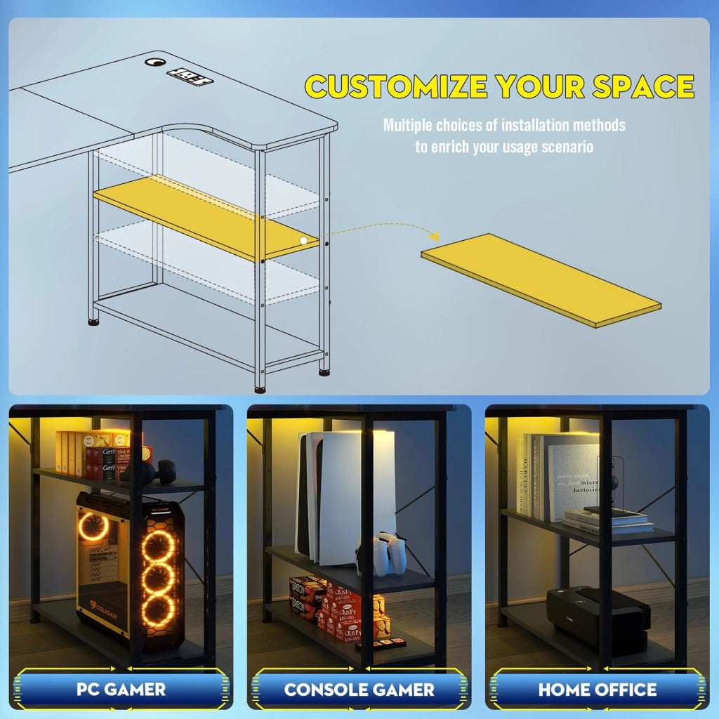 Scrivania da gioco a forma di L, scrivania angolare con ripiani portaoggetti, tavolo per computer con porta di ricarica USB e presa di corrente, 120L*80P*74H, per giocare, lavorare