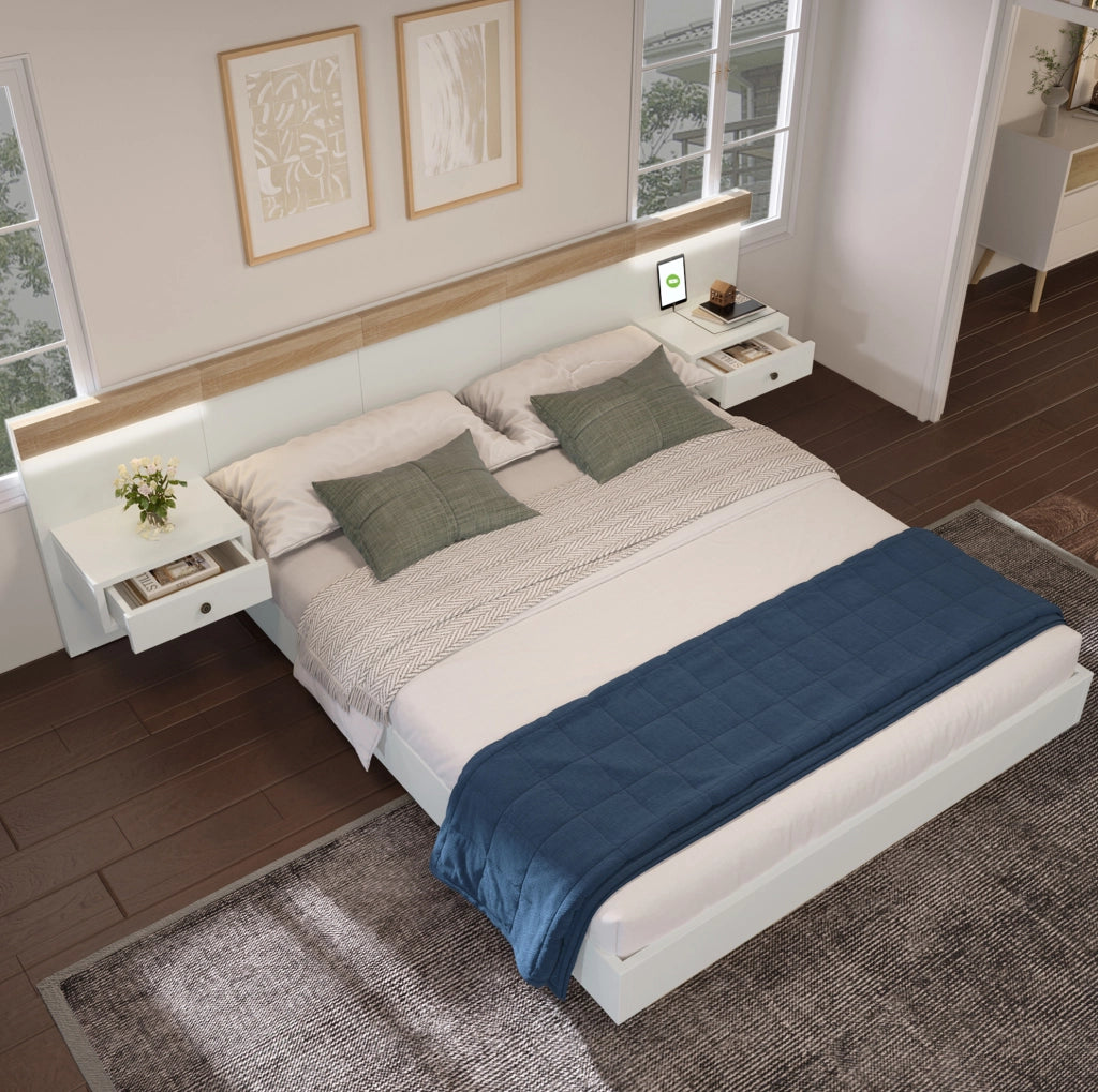 Letto matrimoniale 140x200 cm con comodini LED e prese USB-C