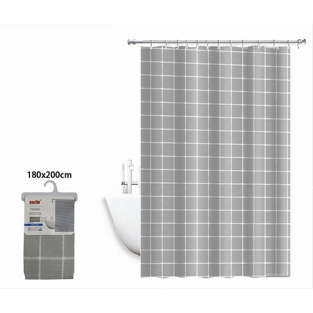 Trade Shop - Tenda Per Doccia Impermeabile Tessuto Pvc 12 Ganci In Plastica Quadri 180x200cm -