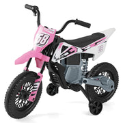 Moto per bambini 12v con ruote di allenamento rimovibili e sospensione a molla, Moto motorino a batteria con musica Rosa-Moto elettriche