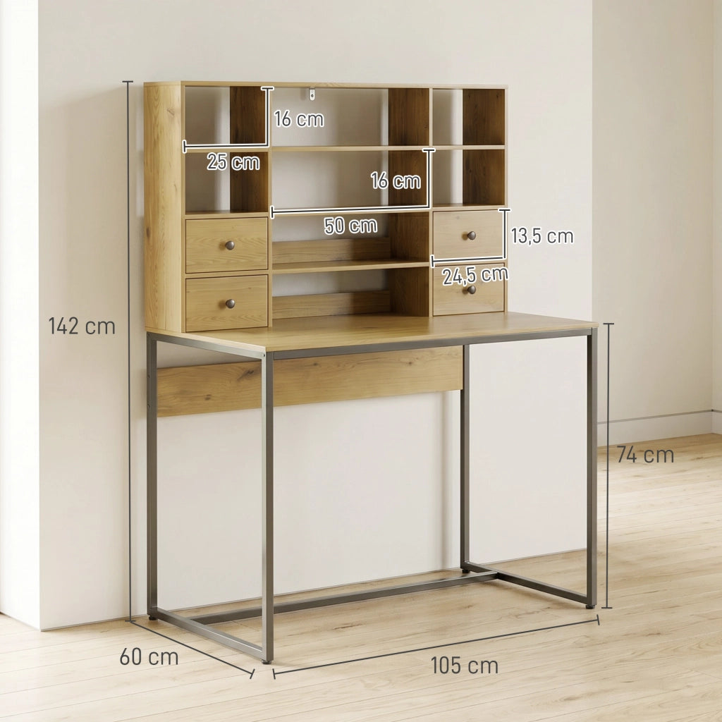 Scrivania computer 105 cm con 4 cassetti e mensole regolabili, colore legno naturale, pratica e salvaspazio per casa e home office