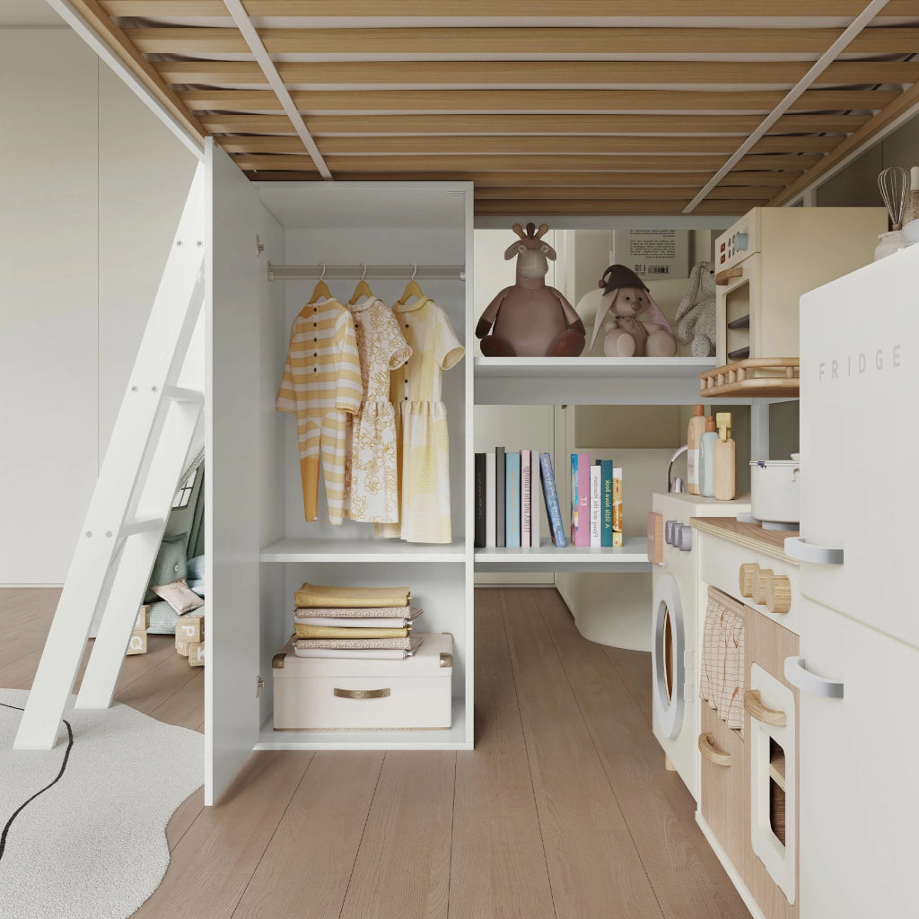 Letto a castello bianco e naturale con scivolo per bambini in legno massiccio e MDF 90x200 cm