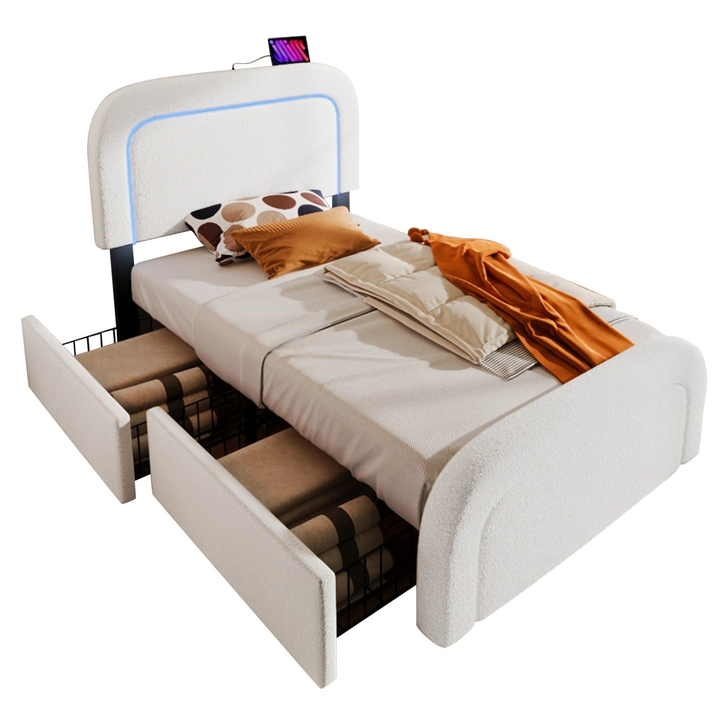 OKWISH Letto con Cassetti Singolo, USB, Type-C, LED e 2 Cassetti, 90 x 200 cm, con Materasso, Bianco