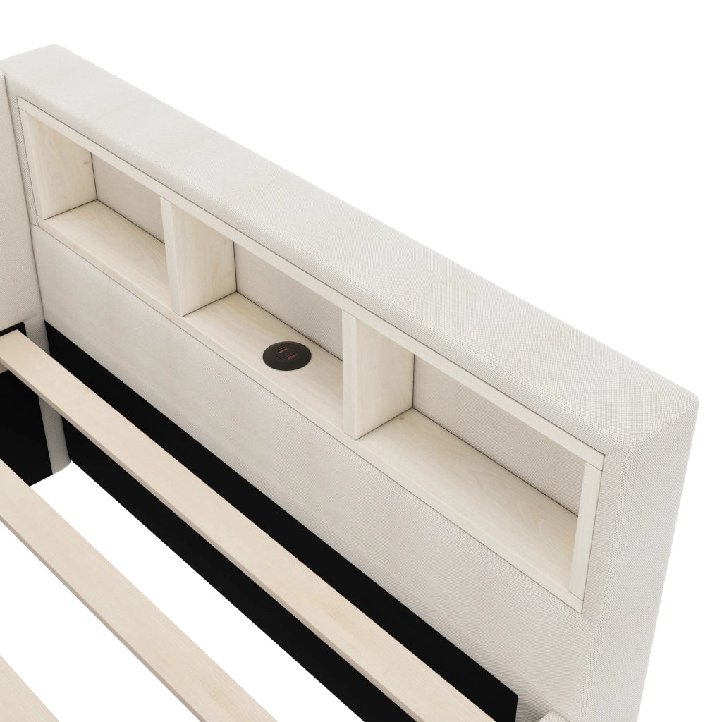LETTO da giorno 140x200 cm beige in lino e MDF con USB+Type C e LED
