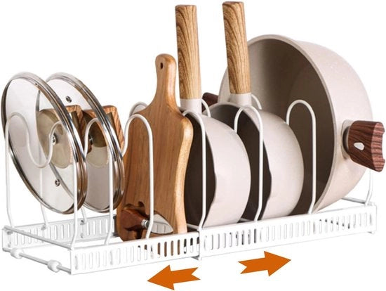 Organizzatore per contenitori, coperchio estensibile, contenitore, contenitore con 10 cassetti regolabili, coperchio in acciaio inossidabile, cassettiera, supporto per pentole e coperchio per pentola, organizzatore per cassetti