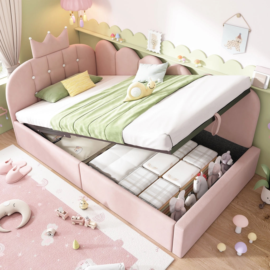 Letto divano 90 × 190 cm con contenitore idraulico, sponda a corona, senza materasso, in velluto rosa
