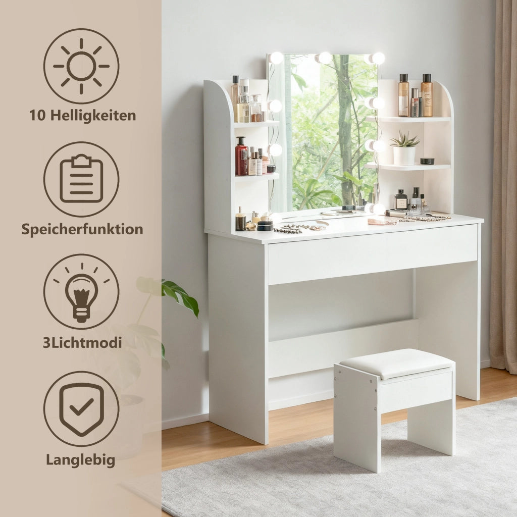 Scrivania Toeletta con Specchio LED e Sgabello ¨C MINIMAL ¨C Bianco