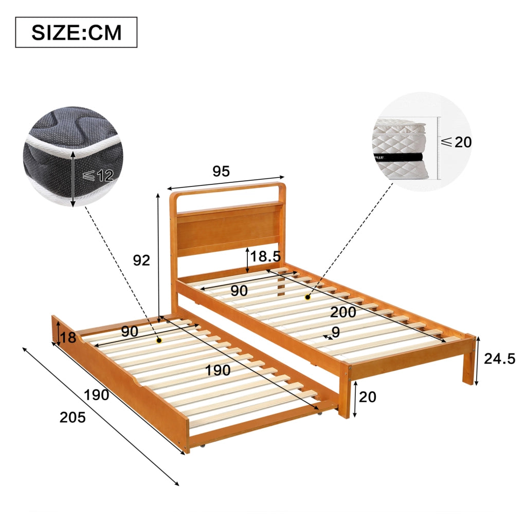Letto 90x200 cm con letto estraibile 90x190 cm; testiera arrotondata in legno colore naturale