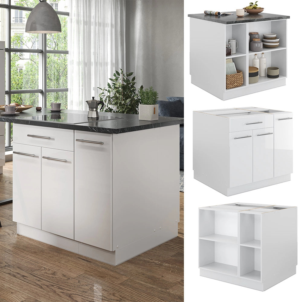 Isola cucina Fame-Line Bianco lucido/Bianco 90 cm con cassetto, senza piano di lavoro Vicco