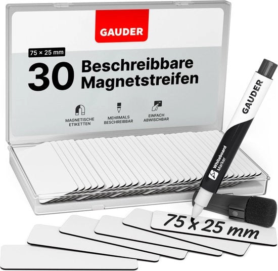 Etichette magnetiche descrittive - tavole magnetiche riciclabili per lavagne, lavagne scolastiche, lavagne Kanban e frigoriferi - carte magnetiche con marker (30 pezzi - 75 x 25 mm)