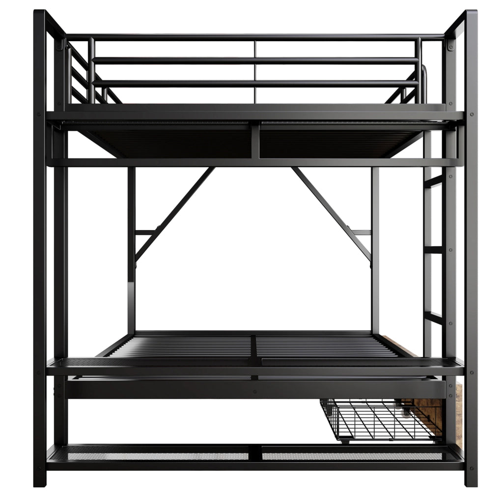 Letto a castello 140 x 200 cm nero in metallo e MDF con LED, cassetti e ripiani