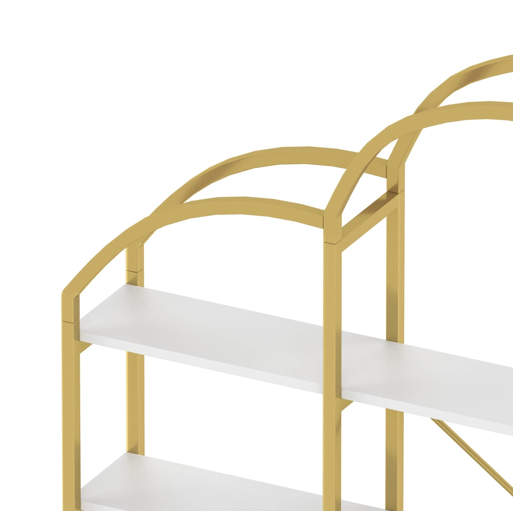Libreria 170x26x190 cm a 5 ripiani con decorazione a nuvola in metallo e MDF bianco e oro