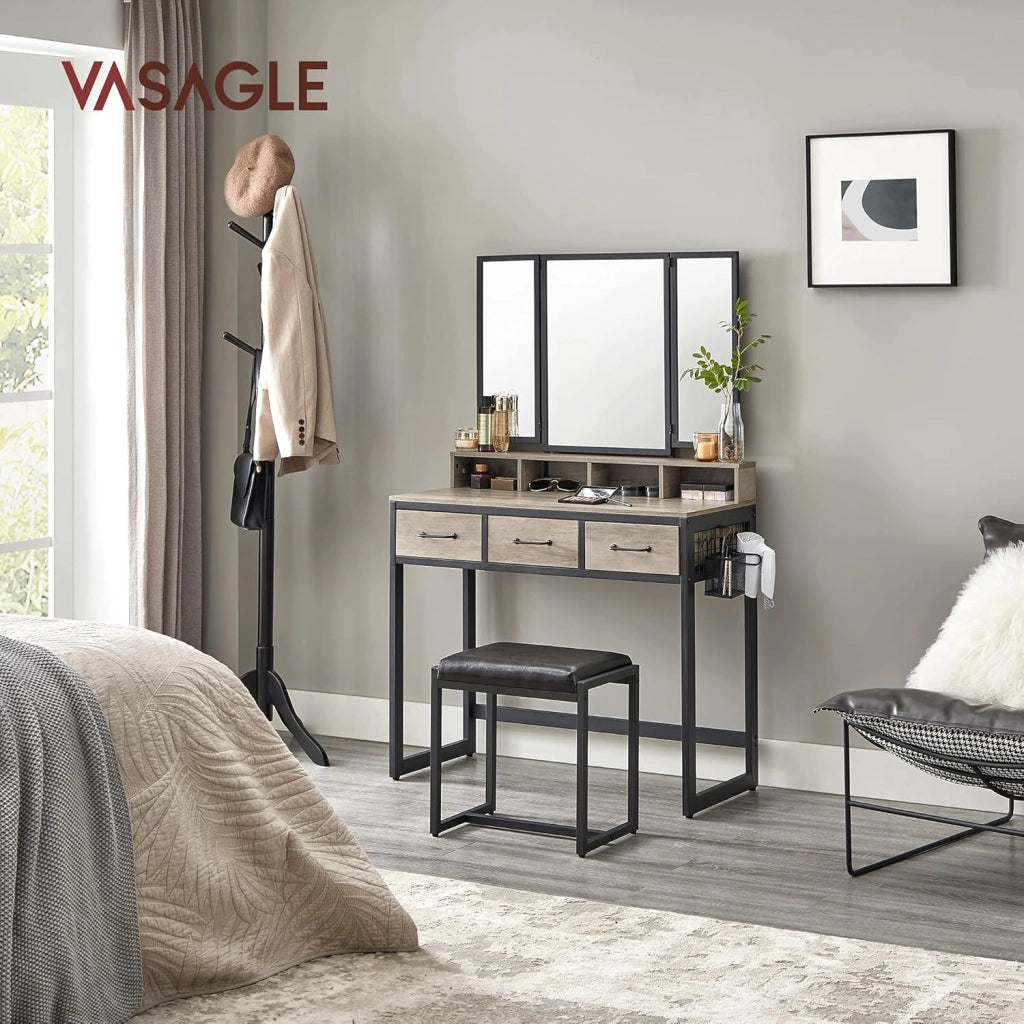 VASAGLE Tavolo da toilette con specchio pieghevole in 3 pezzi, supporto per asciugacapelli, tavolo cosmetico con sgabello imbottito, 3 cassetti, design industriale, Greige e nero RVT004B02