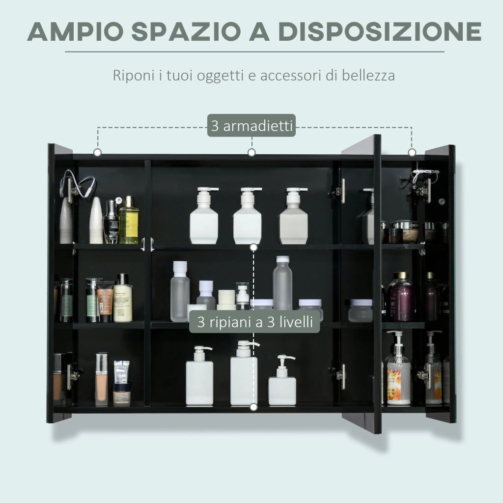 Armadietto Bagno con Specchio a Parete ¨C zephmum ¨C MDF, Nero, 90x15x65 cm