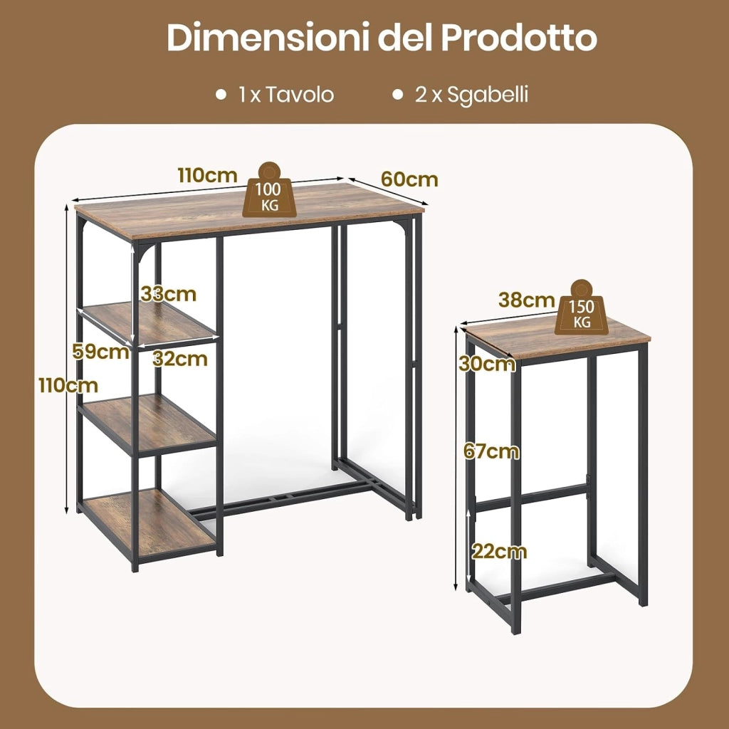 Set 3 Pezzi Tavoli da Bar per 2 Persone, Tavolo da Pranzo con 2 Sgabelli, 3 Ripiani Portaoggetti, Banco Pub e Sedie per Appartamento Piccolo, Cucina e Soggiorno,110 x 60 x 110 cm