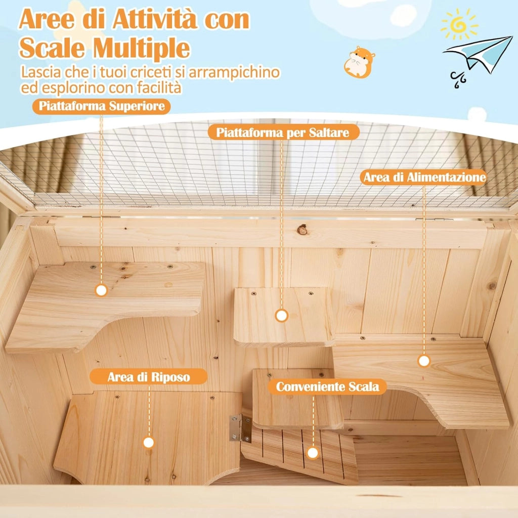 Gabbia per Criceti, Gabbia Criceti in Legno con Tetto a Rete, Aree Multiscala, Rampe, Ripiano Inferiore, Pannello in Acrilico, Porta Bloccabile, 60 x 40 x 80 cm