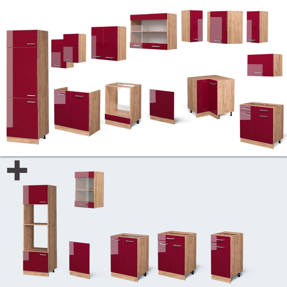 Vicco Cucina angolare completa Rosso lucido/rovere dorato 287 x 60 cm , PL Rovere