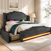 Letto matrimoniale 140x200 cm in velluto grigio con 4 cassetti; LED e porte USB-Type C