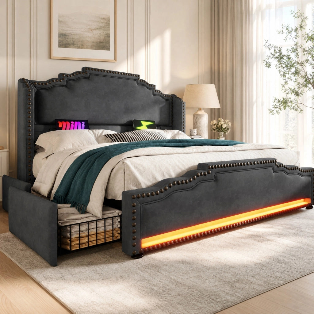 Letto matrimoniale 140x200 cm in velluto grigio con 4 cassetti; LED e porte USB-Type C