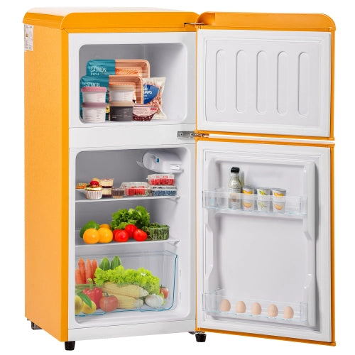 Frigorifero retrò; congelatore; doppia porta; volume totale 60L; vano congelatore 22L; luce LED; efficiente energetico; giallo antico