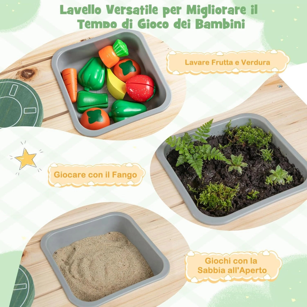Set da Cucina Giocattolo per Bambini, Cucinetta in Legno con Fornelli, Lavello, Manopole Rotanti, Lavagna, Vasi di Fiori e Scaffali Portaoggetti, per Bambini 3+ Anni
