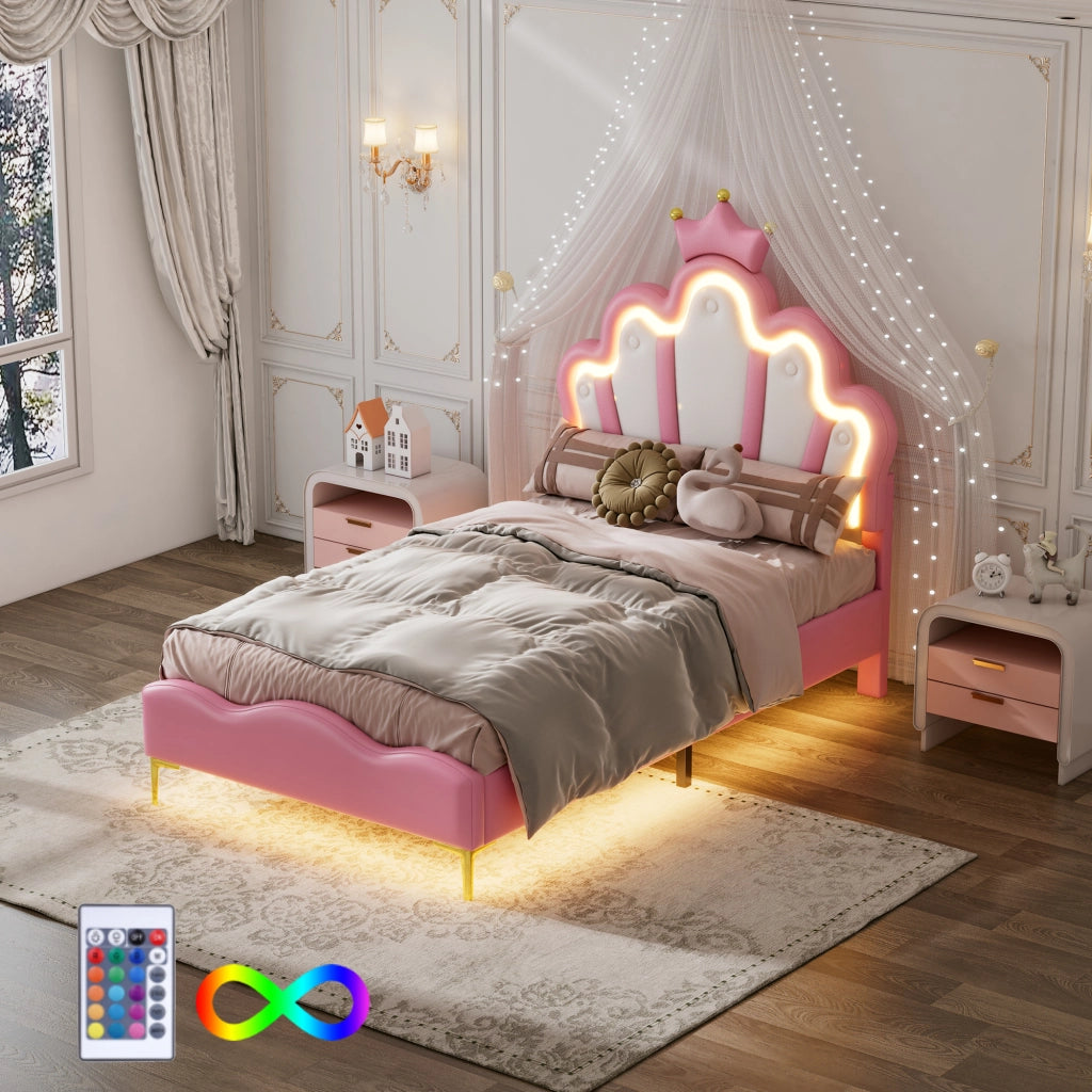 OKWISH Letto Bambini 90×200 cm, Letto Singolo con Corona, LED Regolabile e Testiera Imbottita, senza Materasso, PU, Rosa
