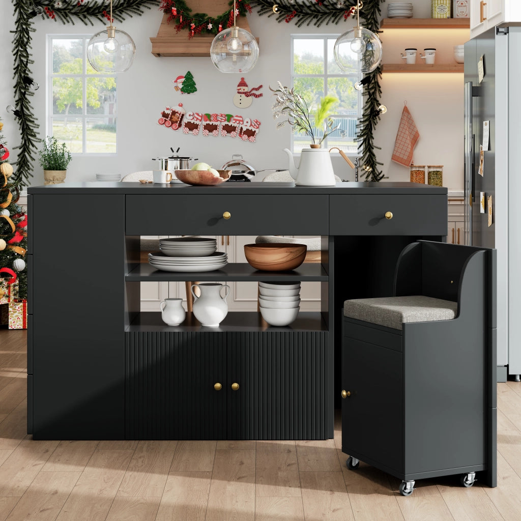 OKWISH Isola da Cucina con 6 Cassetti, 2 Ripiani Aperti, 1 Armadietto e Sgabello Contenitore con Ruote, 140 x 40 x 89 cm