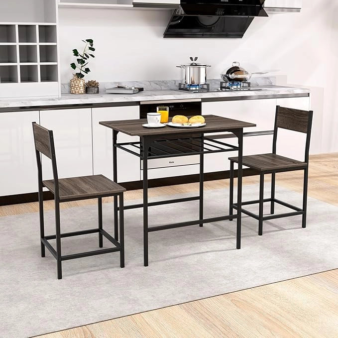 Set da Pranzo per 2 Persone, Set da 3 Pezzi di Tavolo Rettangolare in Legno e Sedie con Struttura in Metallo e Ripiano di Stoccaggio, per Angolo Colazione e Sala da Pranzo (Grigio)