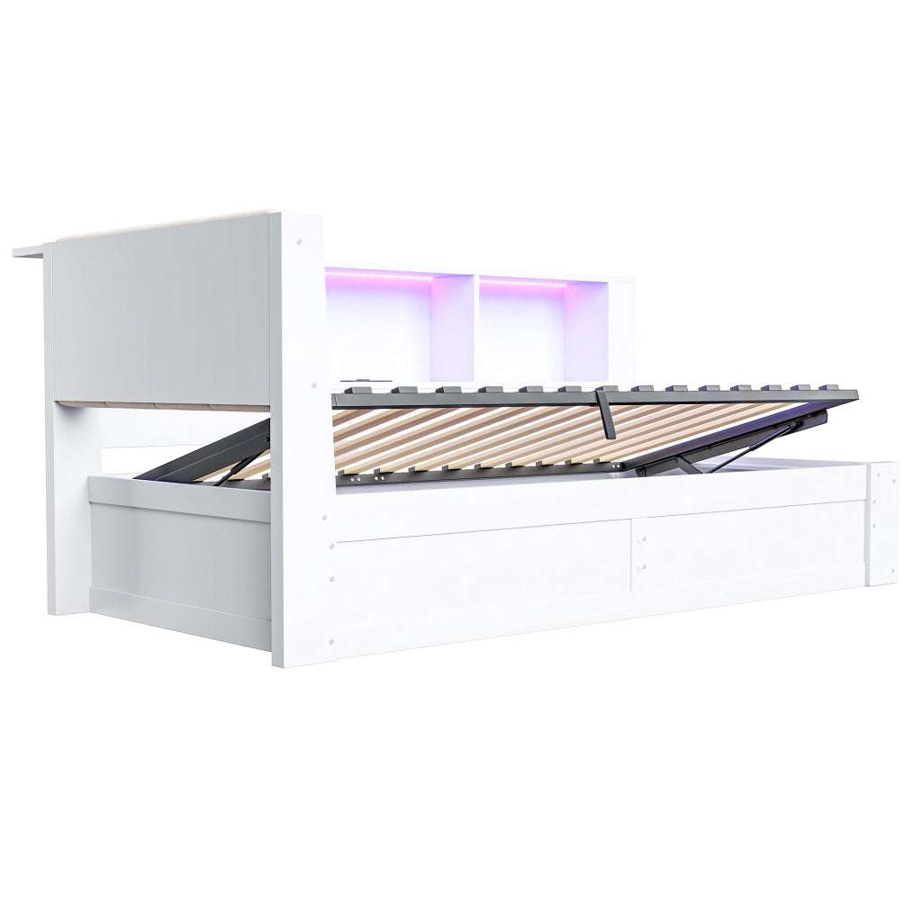 DESMIU Letto Divano 90 × 200 cm 1 posto con contenitore idraulico, USB, mensola e LED, senza materasso, bianco