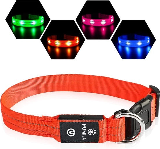 Collare per cani con illuminazione LED, ricaricabile, lampeggiante, riflettente, regolabile, robusto, per cani grandi, medi e piccoli, colore arancione