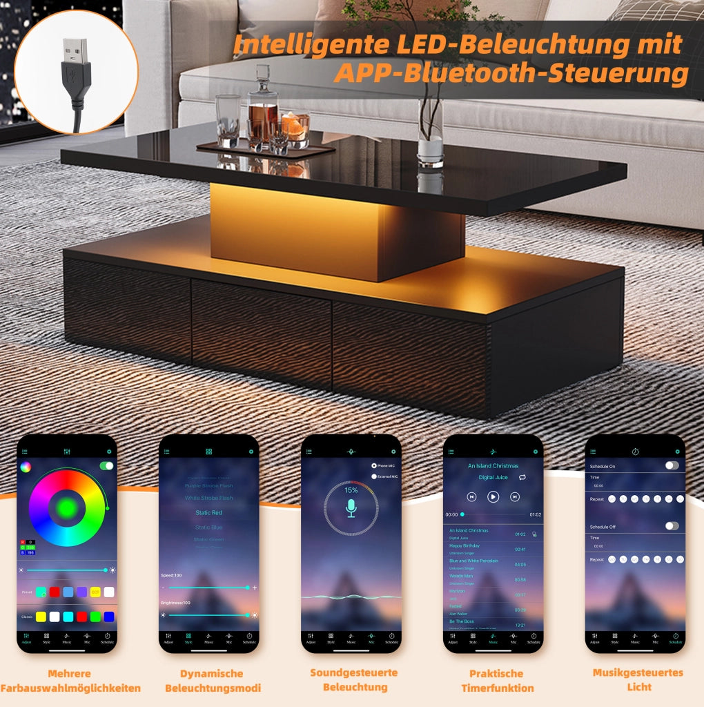Tavolino da caffè 100x50x39 cm con LED 16 colori; cassetto e ripiano; nero