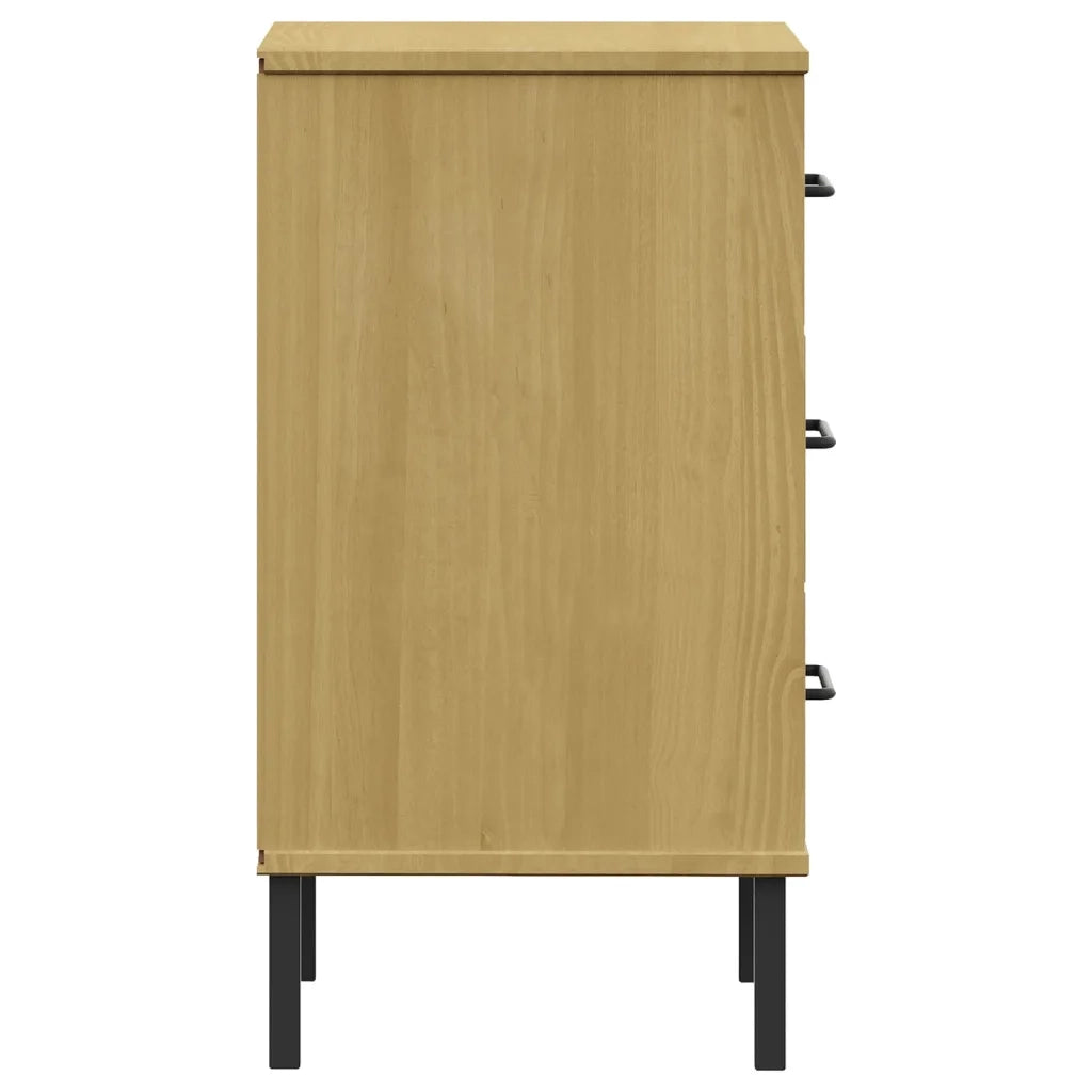 Comodino | Armadio da Notte | Mobiletto da notte con Gambe in Metallo Marrone Legno Massello Pino OSLO