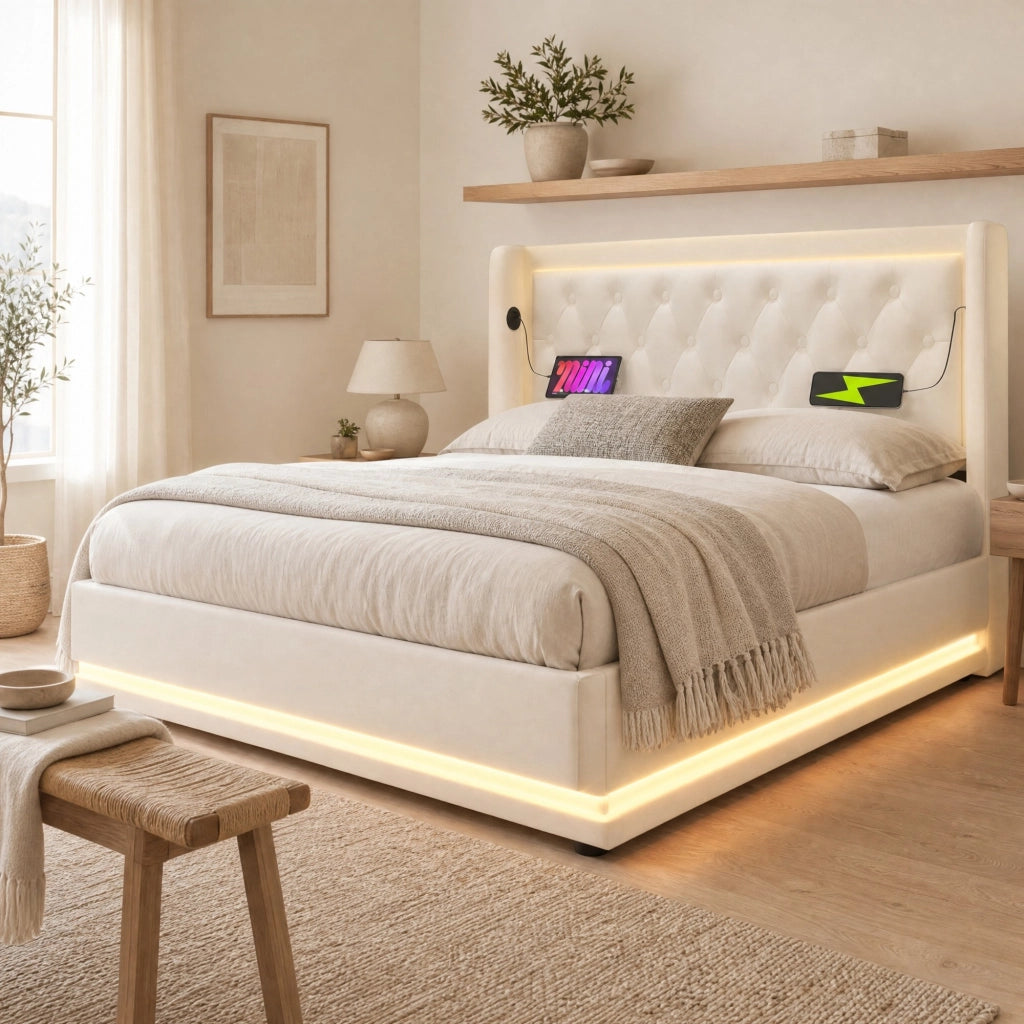 Letto matrimoniale contenitore 160x200 cm in PU bianco con LED; testiera imbottita e USB Tipo-C