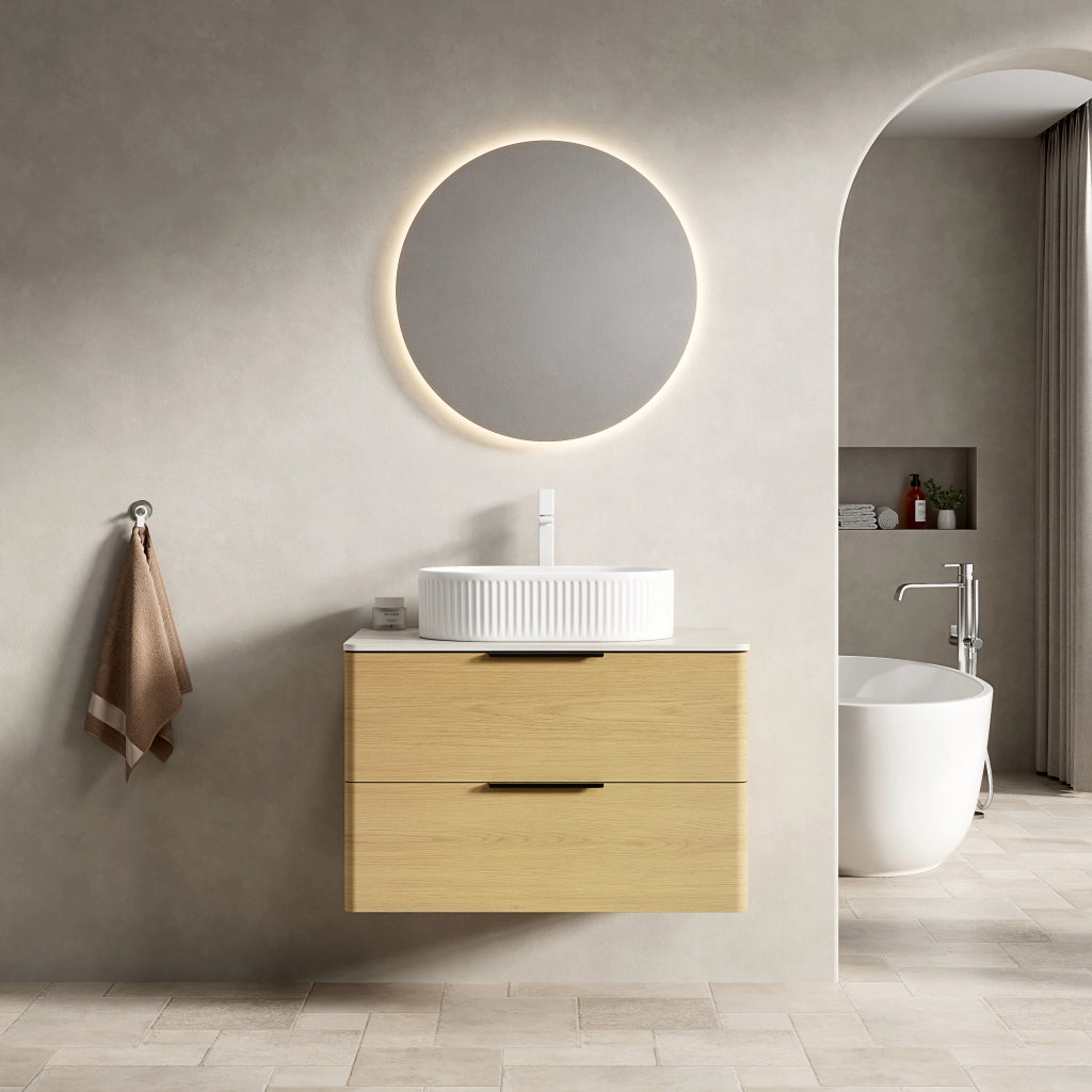 Mobile sottolavabo sospeso da bagno con lavabo ovale in ceramica, piano in travertino e 2 cassetti, 75 cm