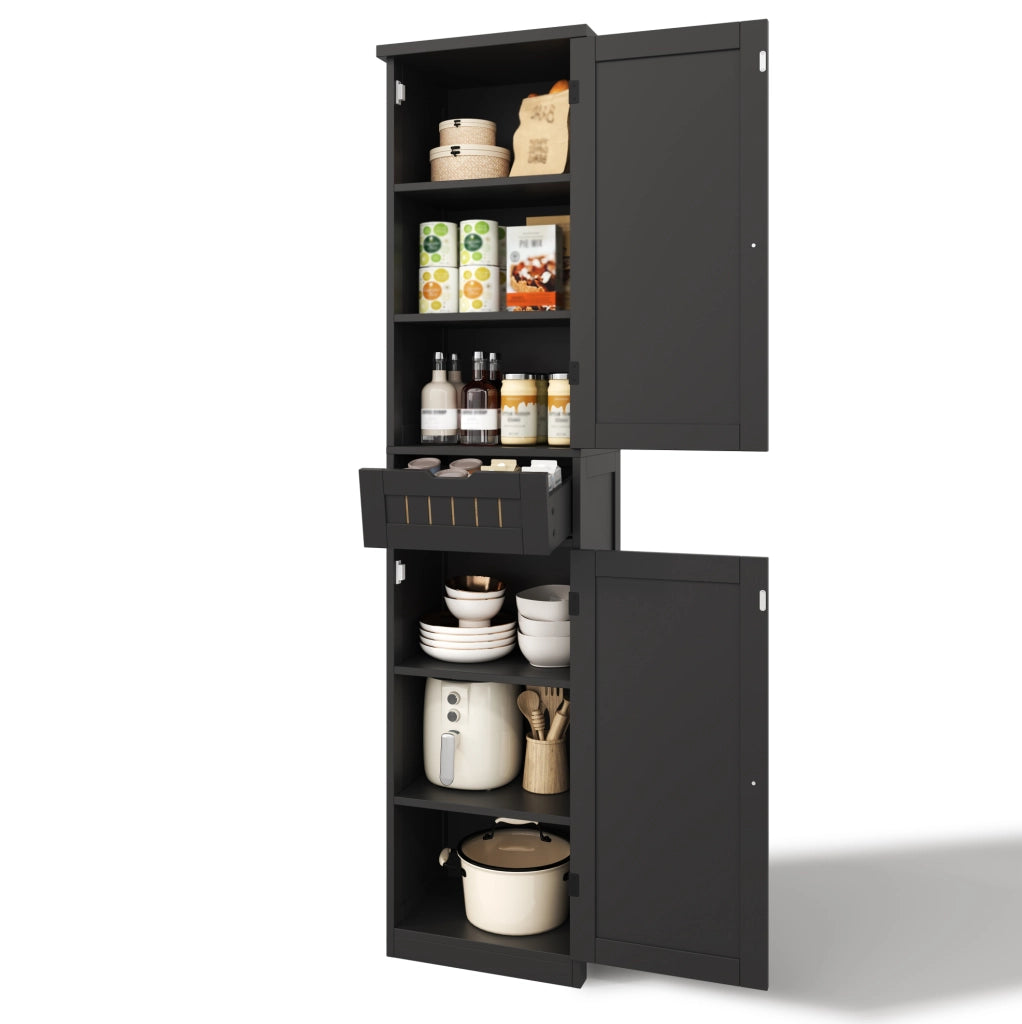 Armadio dispensa alto 170x40x30 cm in MDF nero; con ripiani regolabili e dettagli a griglia