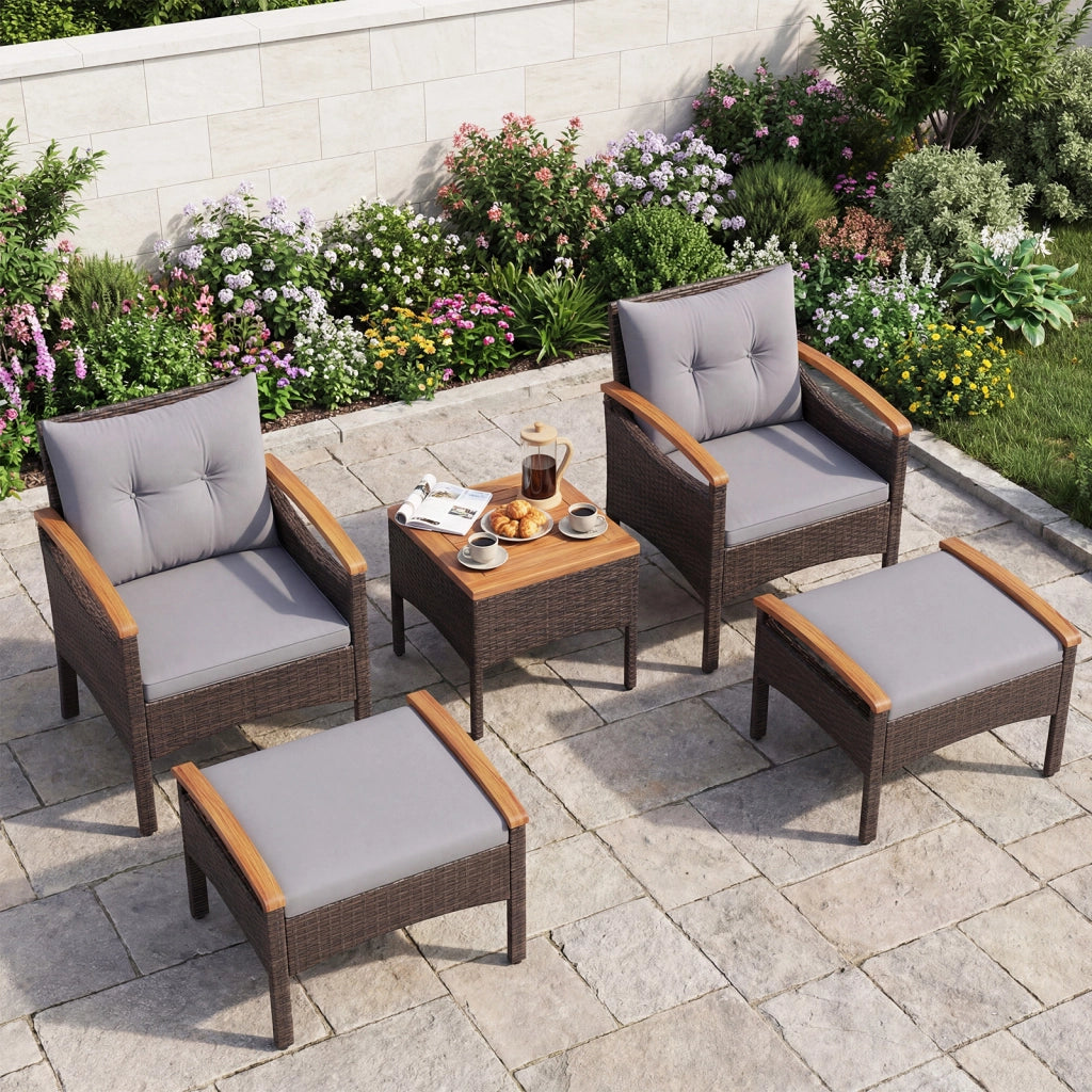 Set di divani in rattan da 5 pezzi con cuscini per sedili schienale, Set in vimini da giardino per cortile Grigio