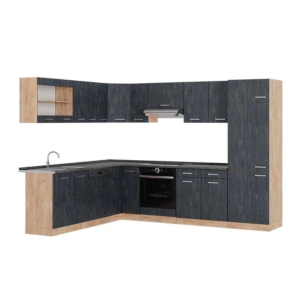Cucina angolare completa R-Line Calce nera/Rovere dorato 287 x 227 cm PL Antracite Vicco
