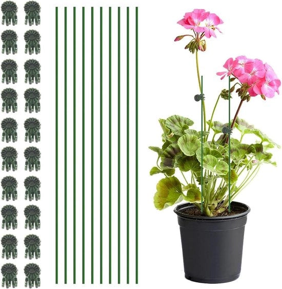 10 supporti per piante in verde scuro e 20 clip per piante - bastoncini per piante flessibili
