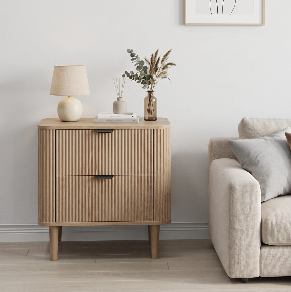 Comodino 2 cassetti in MDF effetto rovere con gambe in legno HAVRYA