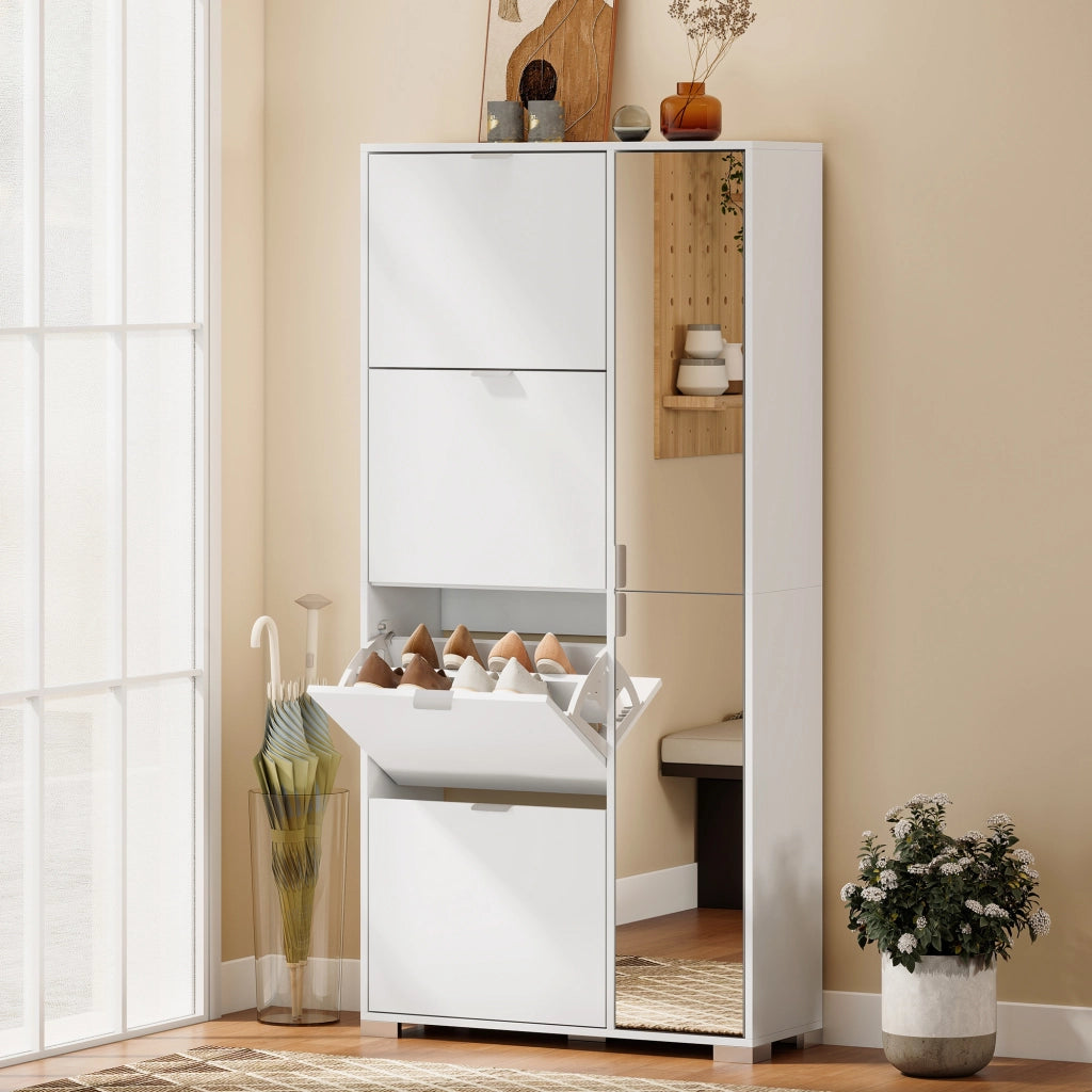 Scarpiera alta bianca 82×30×168 cm con specchio, 4 cassetti ribaltabili e armadietto laterale, mobile multiuso salvaspazio per ingresso casa