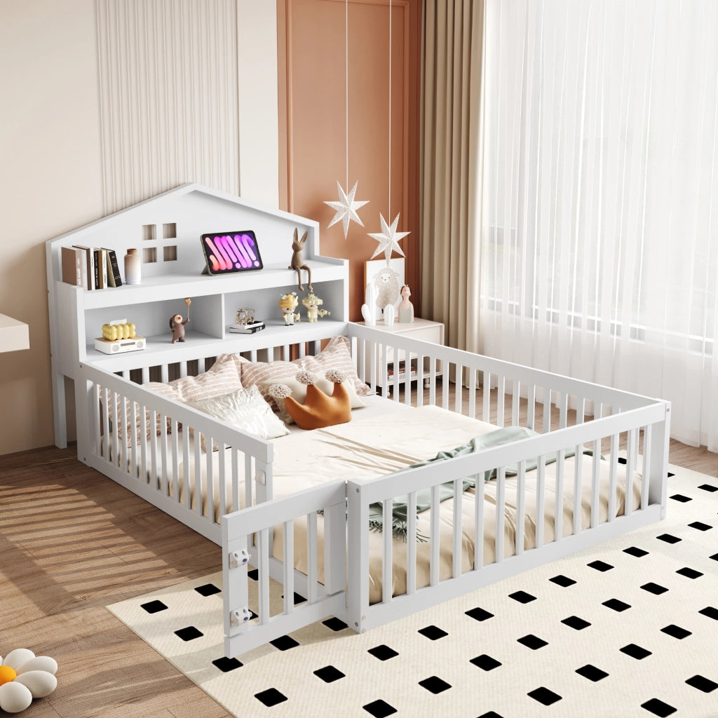 OKWISH Letto a Casetta 140×200 cm, Letto Singolo con Contenitori, Mensole e Sponda, senza Materasso, in Legno Massello, Bianco