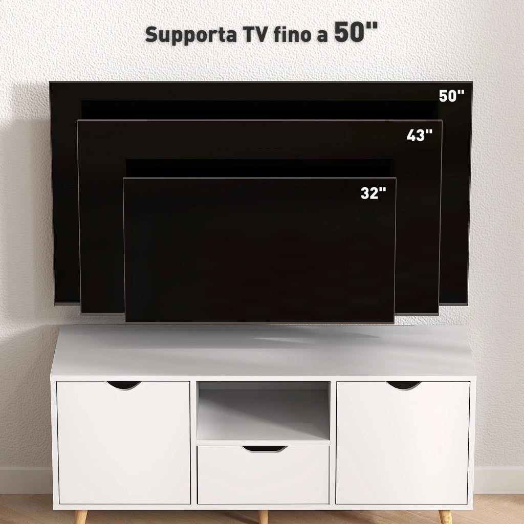 Mobile TV Max 50" con Cassetto, Ripiano Aperto e Armadietti 110x40x50 cm Bianco e Legno