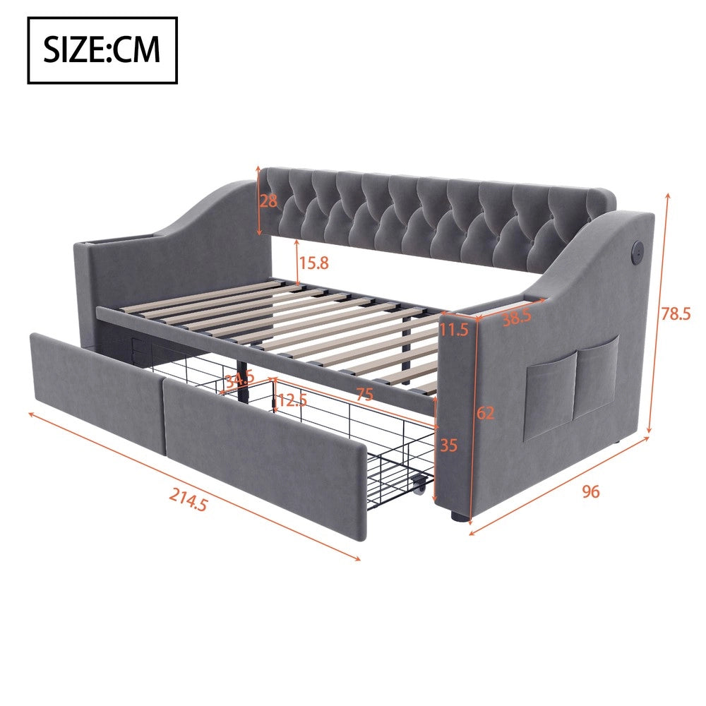 Letto Imbottito con Cassetto e USB ¨C MINIMAL ¨C Velluto Grigio Scuro 90x190