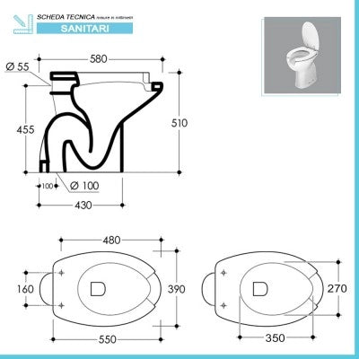 Wc per disabili con apertura frontale e scarico a terra H 51 cm
