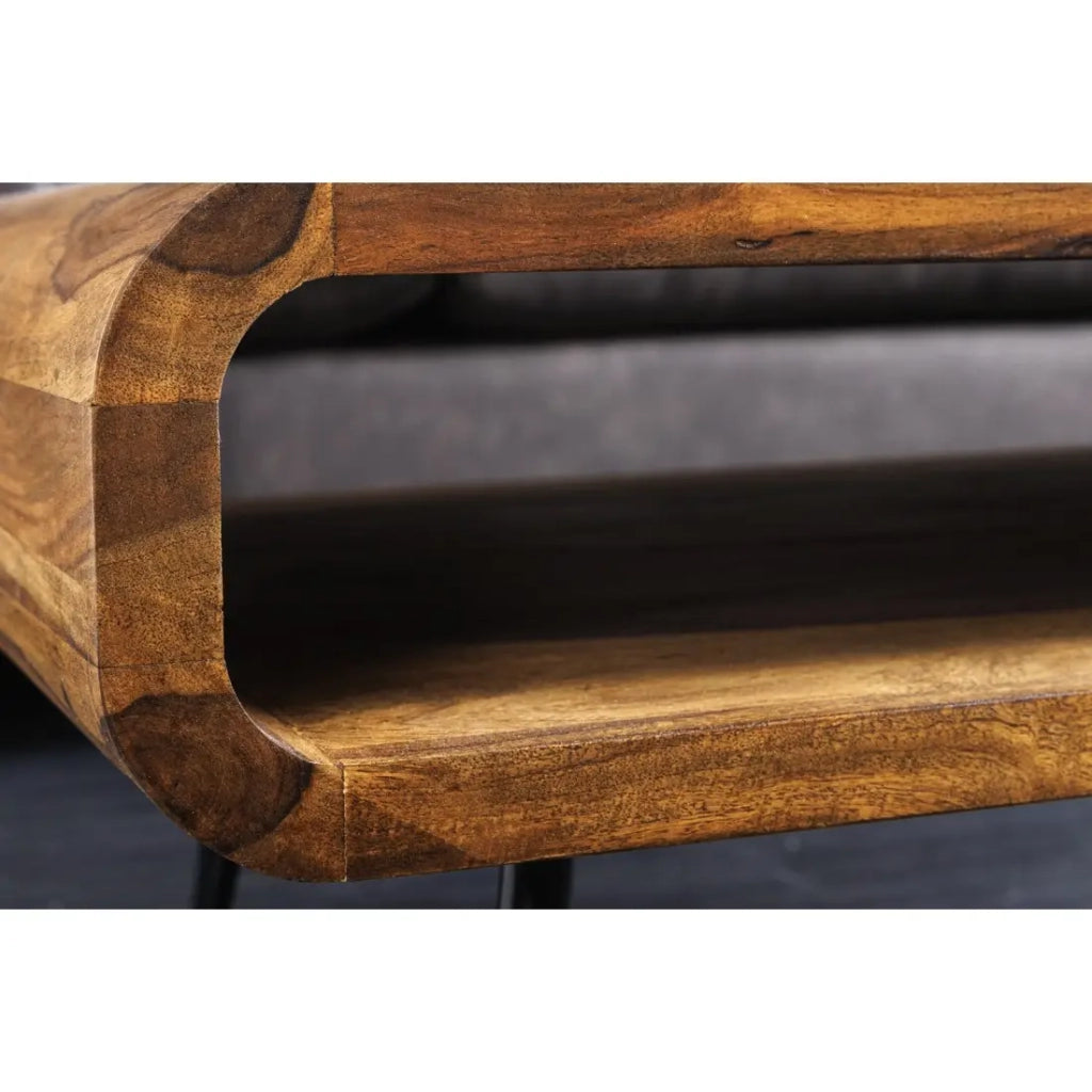 Tavolino RETROVA 90 cm in legno di Sheesham verniciato con gambe in metallo nero e vano aperto