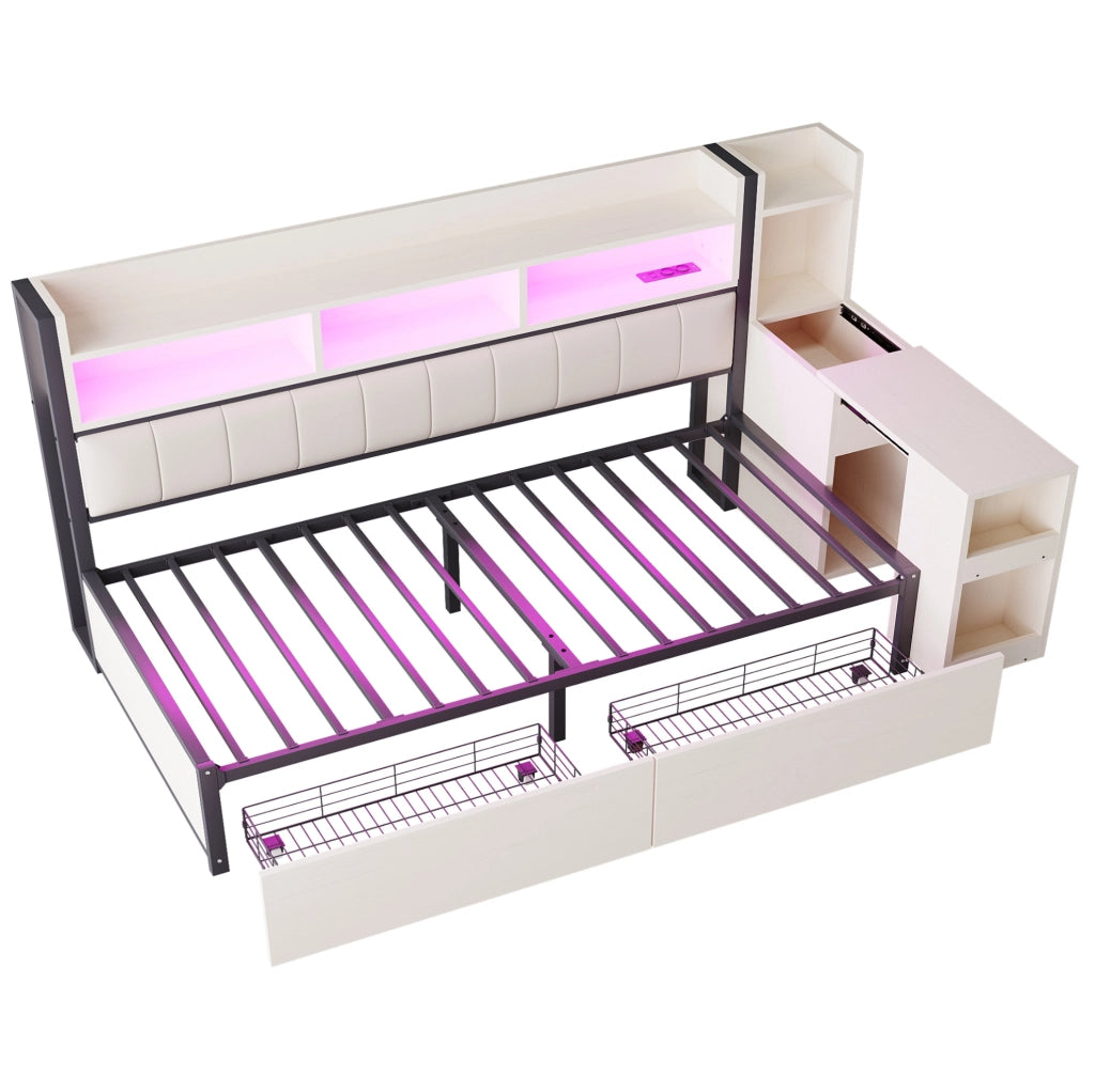 Letto 90x200 cm con scrivania estraibile e vani contenitore in metallo e legno