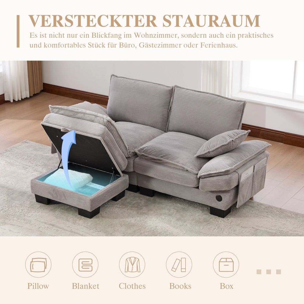 DIVANO 2 posti con pouf 190x132x84 cm tessuto a coste grigio chiaro USB-C