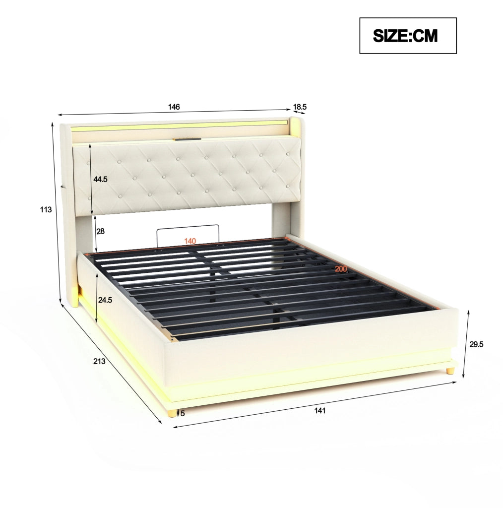 Letto imbottito LED 140x200 cm beige con USB e contenitore